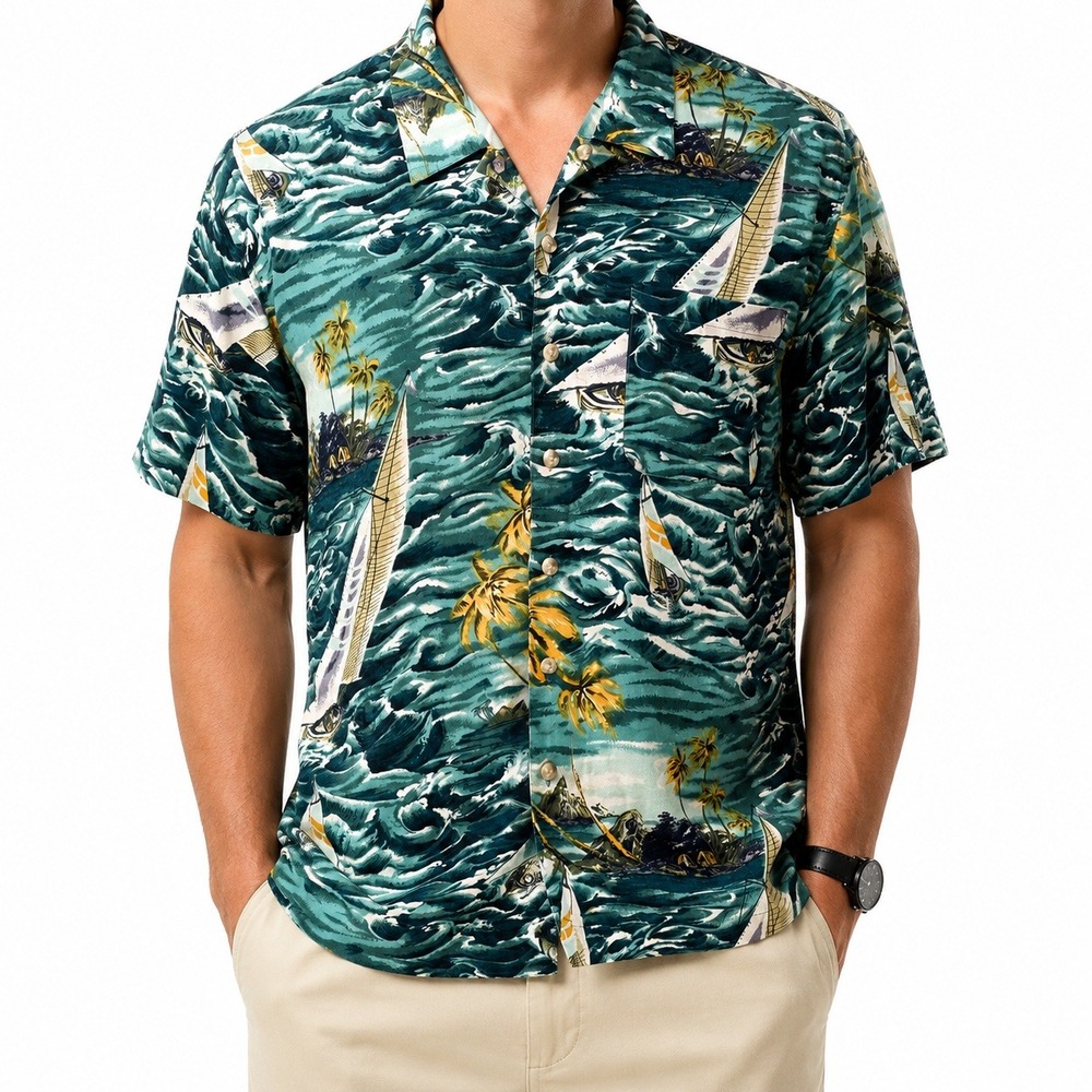 Tommy Bahama Mens Large Rayon Sailboat Palm Tree Nautical Camp Shirt Teal Blue - Picture 2 of 9
